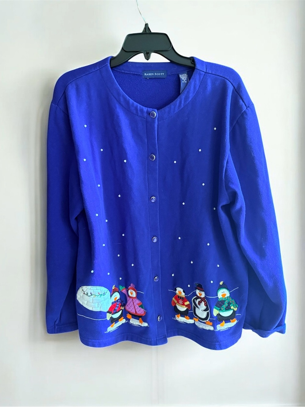 NWOT Karen Scott Blue Winter Holiday Penguin Embroidered Button-Up Jacket Sz XL.